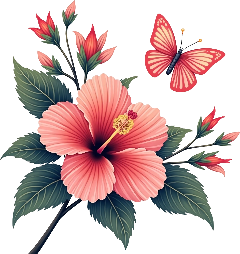 Pink Hibiscus and Butterfly